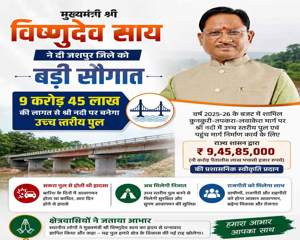 मुख्यमंत्री विष्णुदेव साय की बड़ी सौगात: जशपुर में नदी पर बनेगा उच्च स्तरीय पुल, तीन राज्यों की कनेक्टिविटी होगी मजबूत