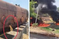 अंबिकापुर-बनारस मार्ग पर राइस ब्रान तेल से भरा टैंकर पलटा, बहते तेल में लगी भीषण आग